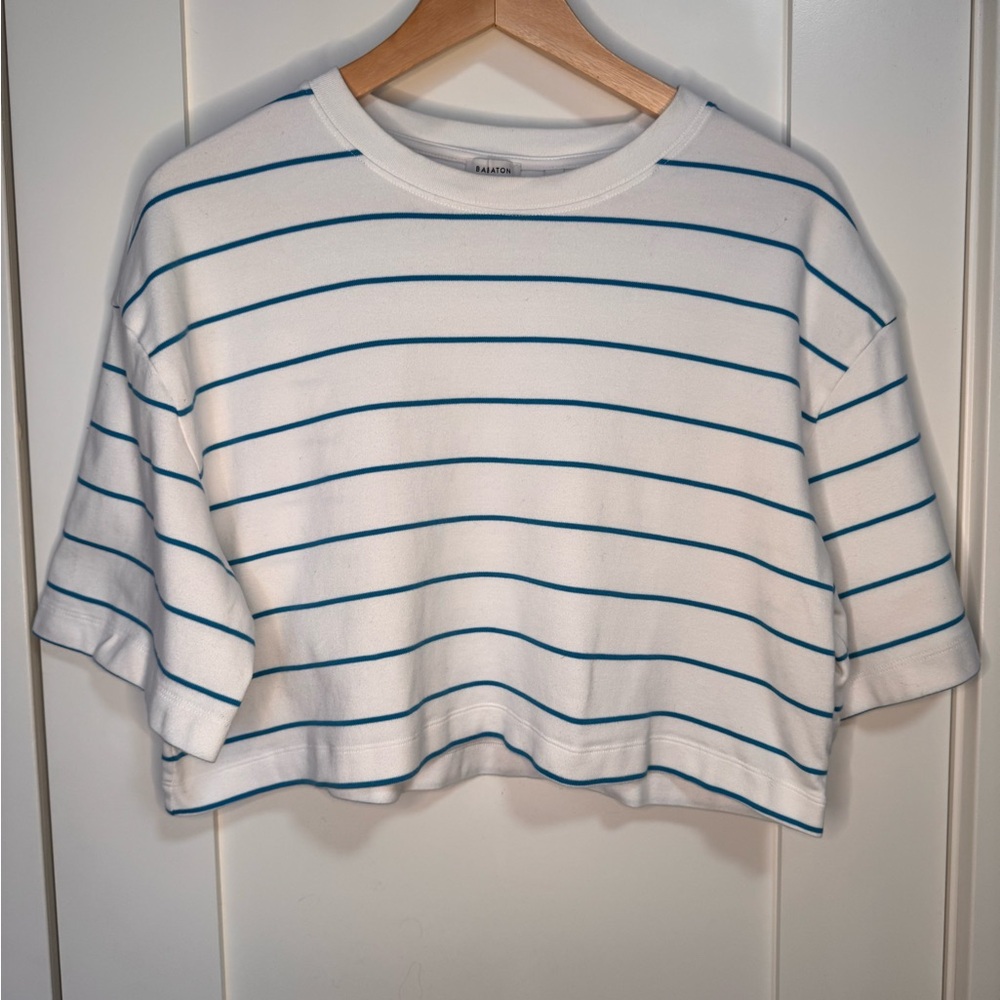 Aritzia White Cropped Tee with Blue Stripes - Picture 2 of 3